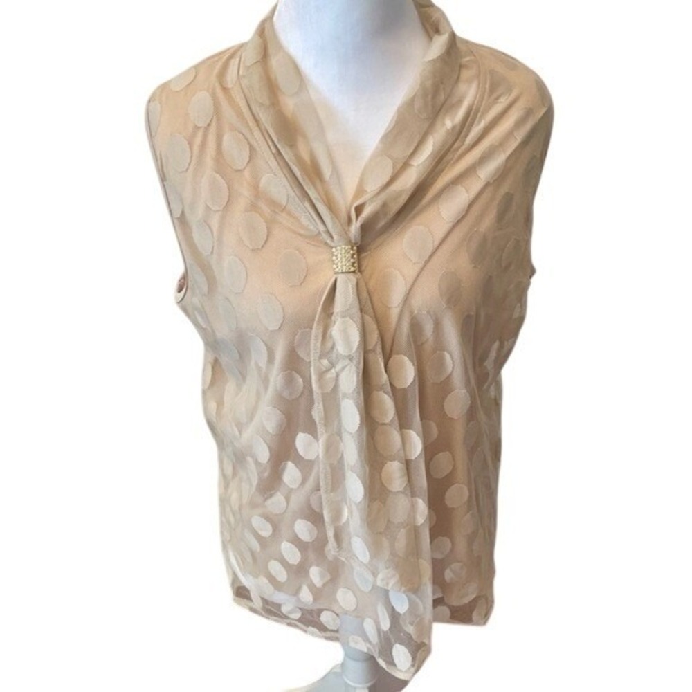 Shannon Ford New York Tan Polka Dot Mesh Blouse Pearl Detail Sleeveless Large‎
